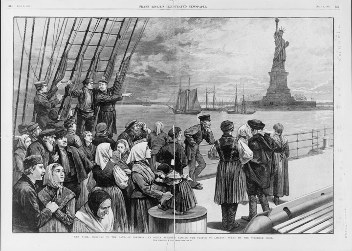 Immigrants arriving in New York harbor with the Statue of Liberty in the background. New York - Welcome to the land of freedom - An ocean steamer passing the Statue of Liberty: Scene on the steerage deck of steamer “Germanic” / from a sketch by a staff artist. Illus. in: Frank Leslie’s illustrated newspaper, 1887 July 2, pp. 324-325. Via Library of Congress.