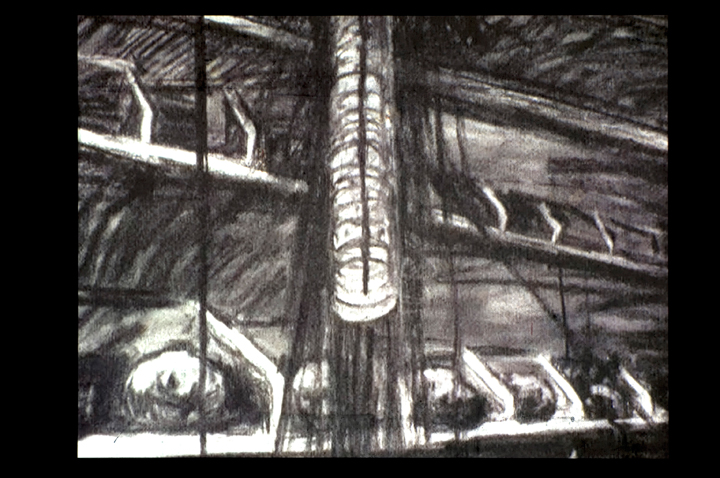 William Kentridge. Video still from Mine, 1991. 16mm film transferred to video. 5 minutes, 49 seconds. Courtesy of the artist and Marian Goodman Gallery, New York/Paris. 